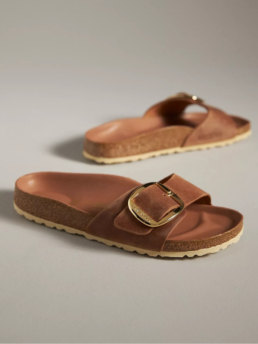 Birkenstock Madrid Big Buckle Nubuck Sandals in Honey Brown and Gold NWOB